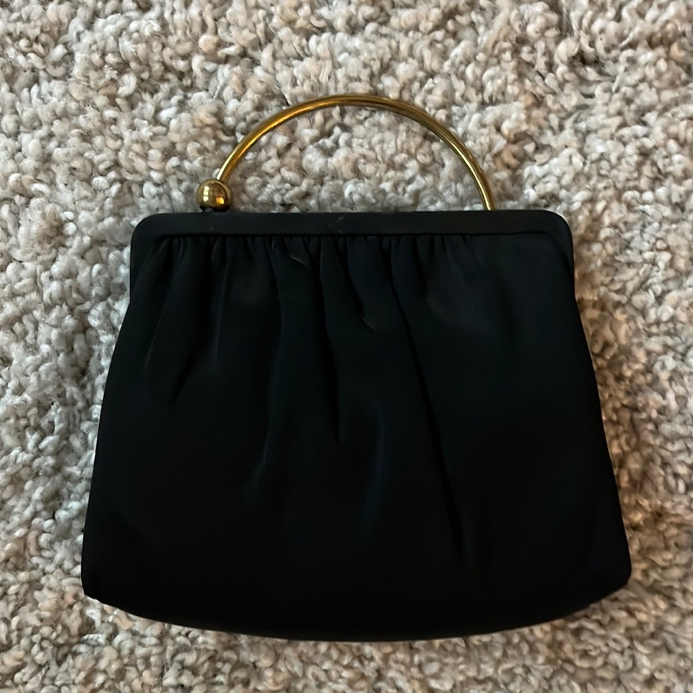 Vintage 60s black satin evening bag, gold satin interior, ball handle closure
